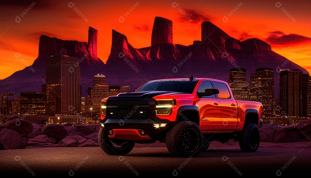 Imagem realista de carro esportivo sobre uma rua deserta.