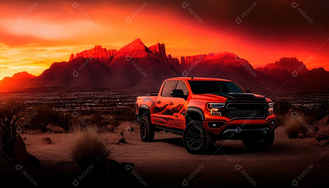 Imagem realista de carro esportivo sobre uma rua deserta.