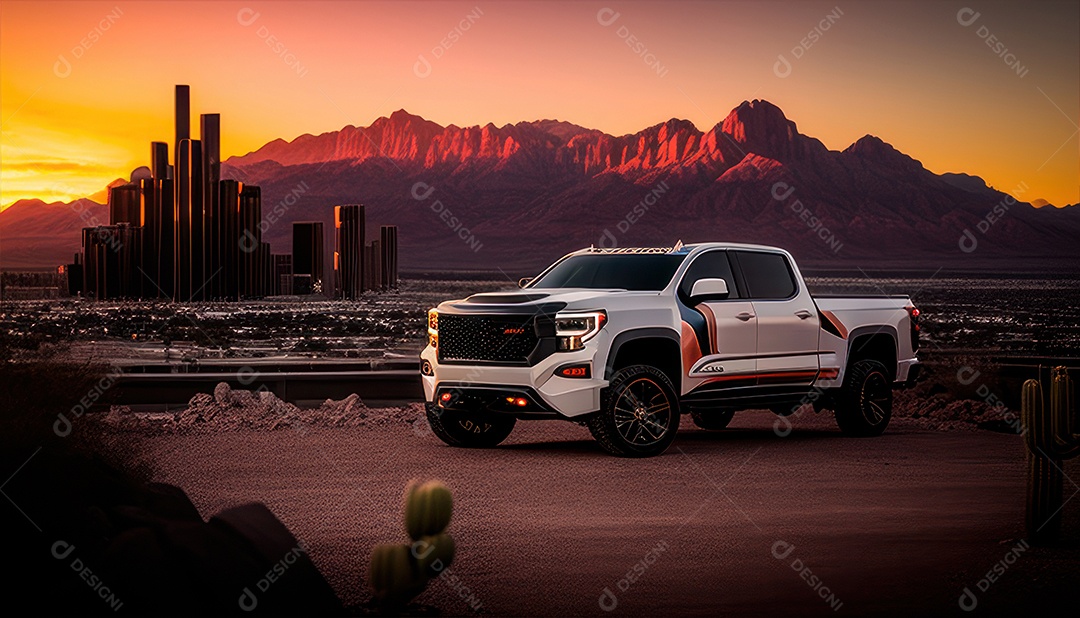 Imagem realista de carro esportivo sobre uma rua deserta.