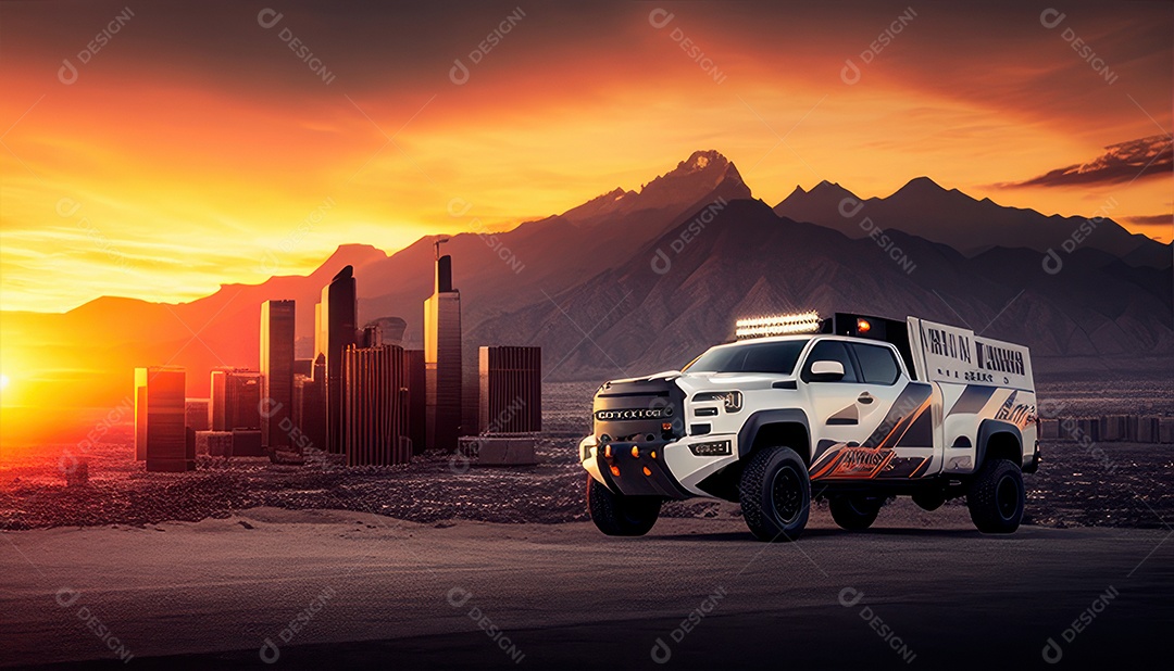 Imagem realista de carro esportivo sobre uma rua deserta.