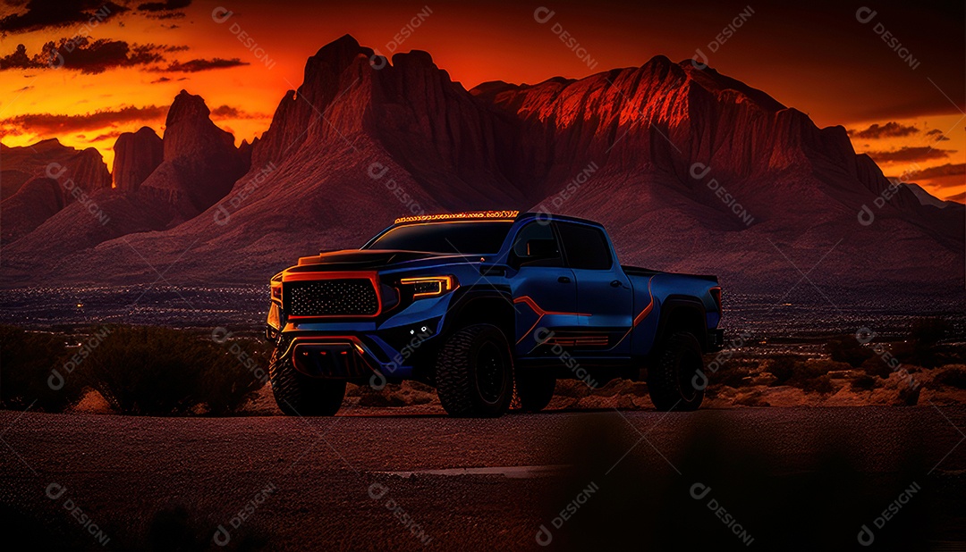 Imagem realista de carro esportivo sobre uma rua deserta.