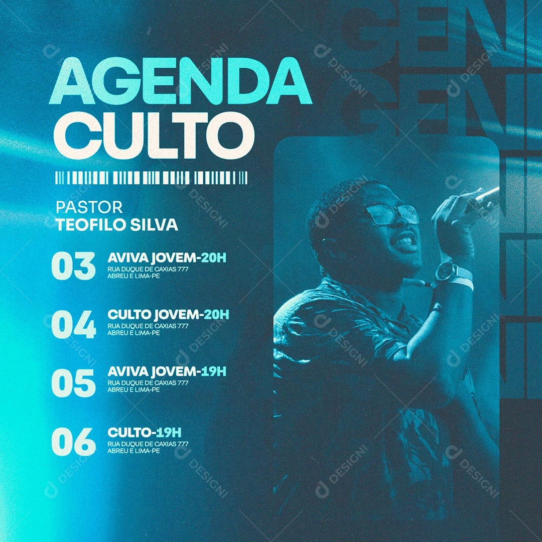 Agenda Culto Pastor Teofilo Silva Aviva Jovem Gospel Social Media PSD Editável