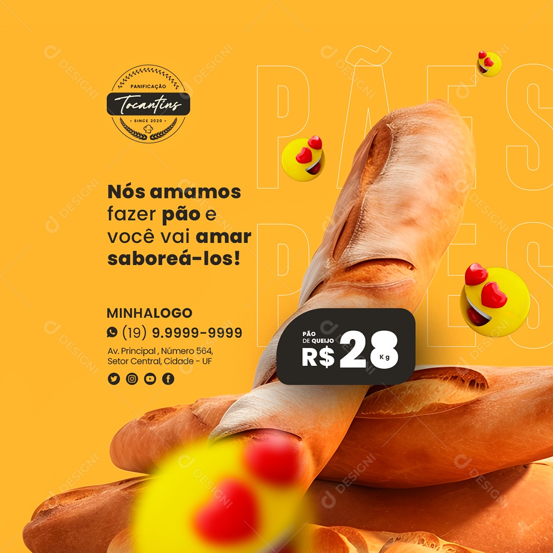 Nós Amamos Fazer Pão e Você Vai Amar Saboreá-Los Padaria Social Media PSD Editável