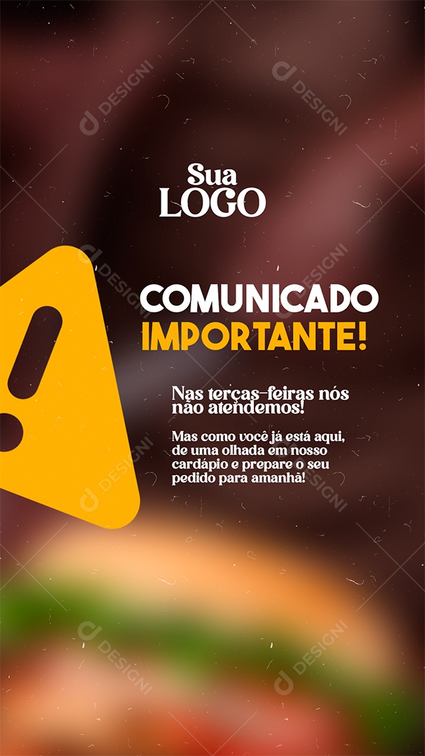 Comunicado Atendimento Hamburgueria Social Media PSD Editável