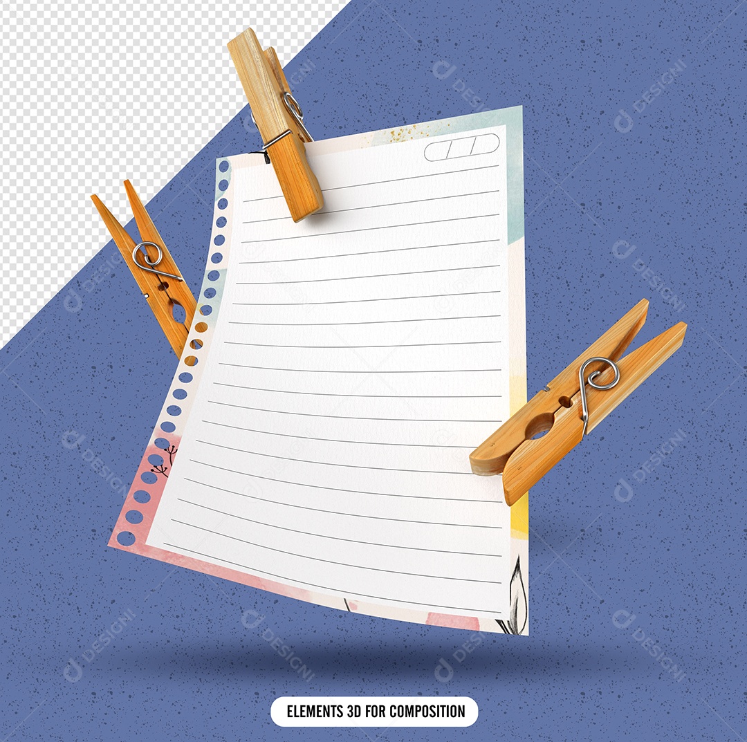 Folha De Papel Com Prendedores Elemento 3D Para Composição PSD