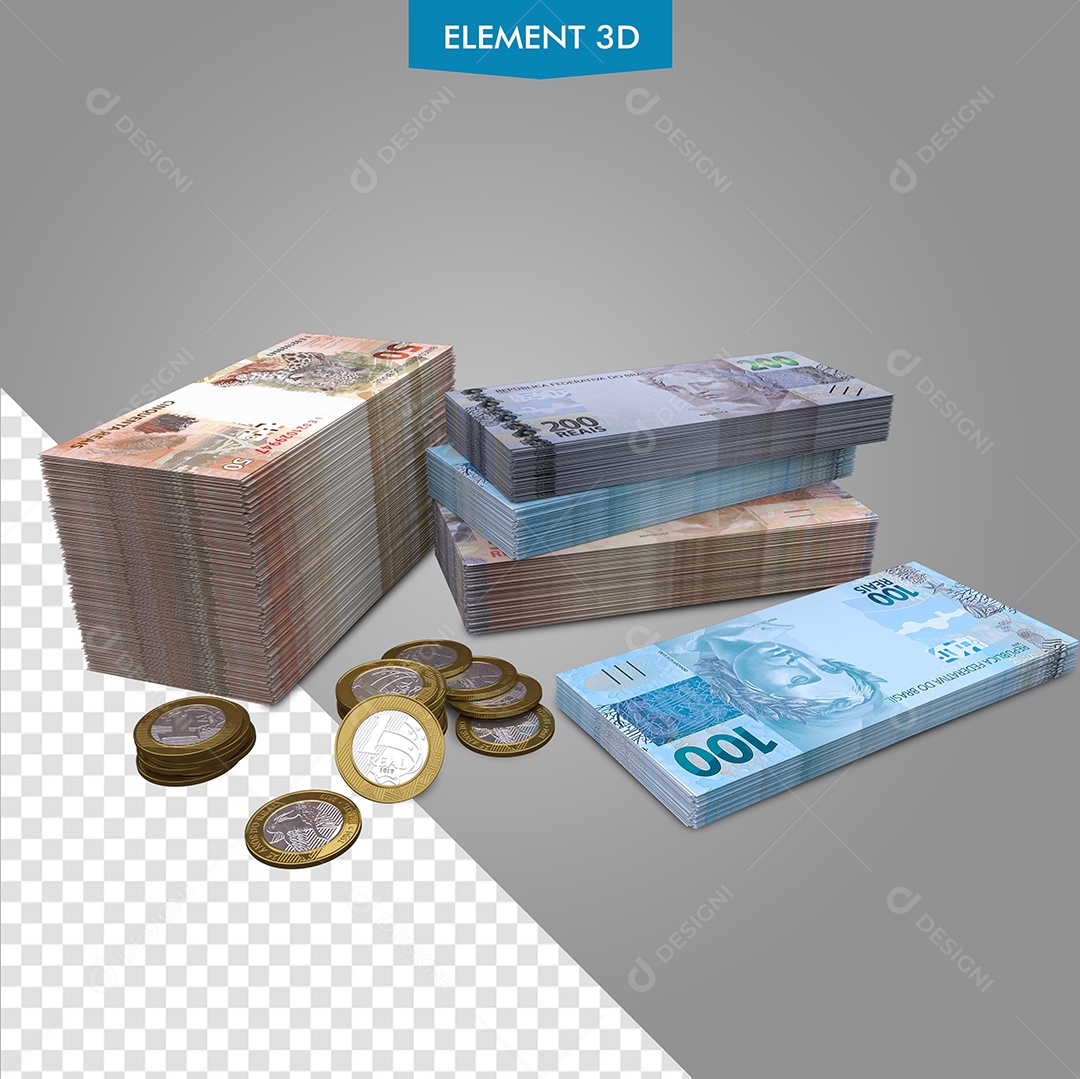 Notas De 200, 100, 50 Reais E Moedas De 1 Real Elemento 3D PSD