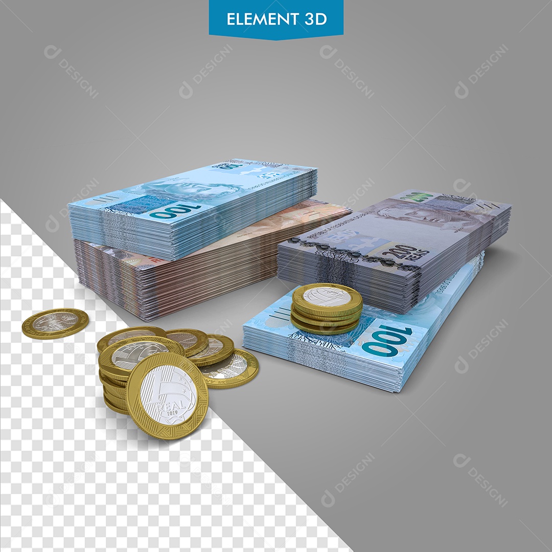 200, 100, 50 Real Banknotes And 1 Real Coins 3D PSD Element