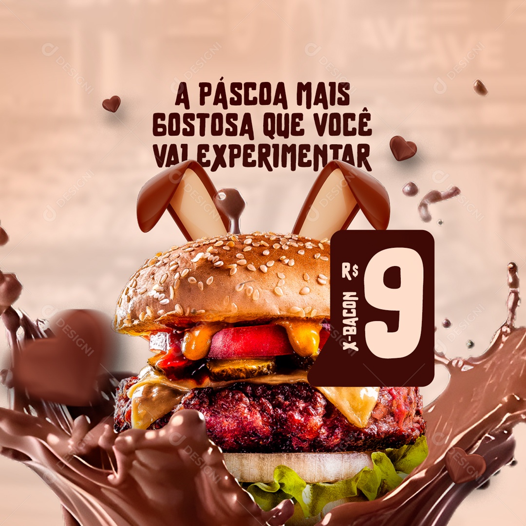A Páscoa Mais Gostosa Que Você Vai Experiementar X-Bacon 9,00 Hamburgueria Social Media PSD Editável