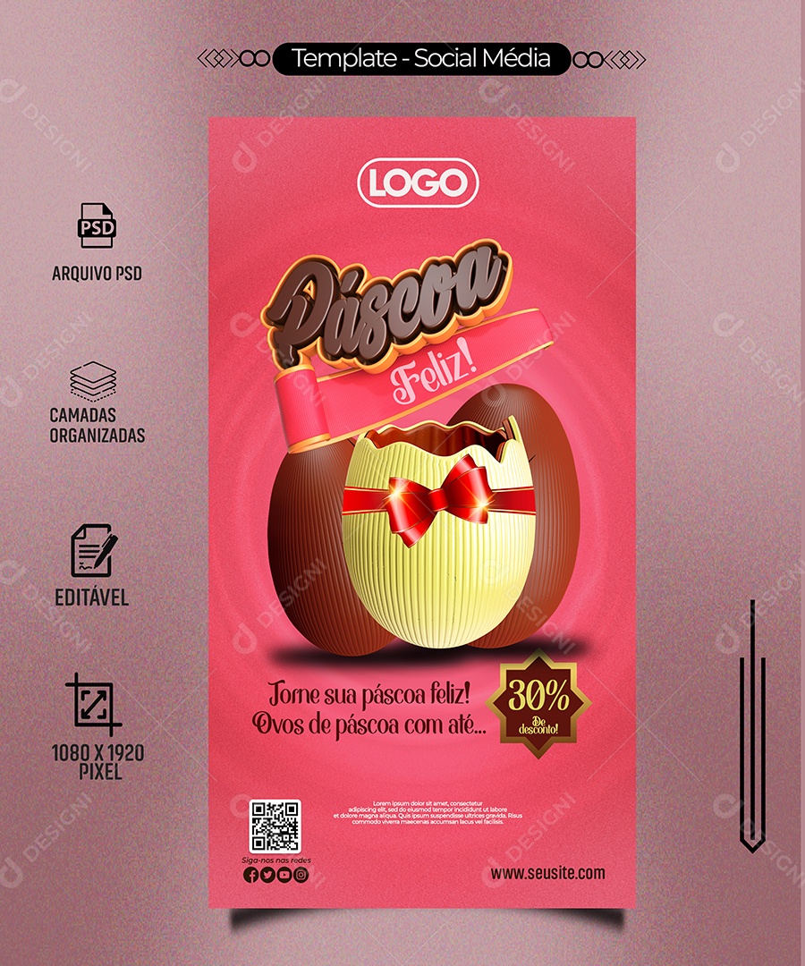 Story Feliz Páscoa Torne Sua Páscoa Feliz Ovos de Páscoa Com Até 30% de Desconto Social Media PSD Editável