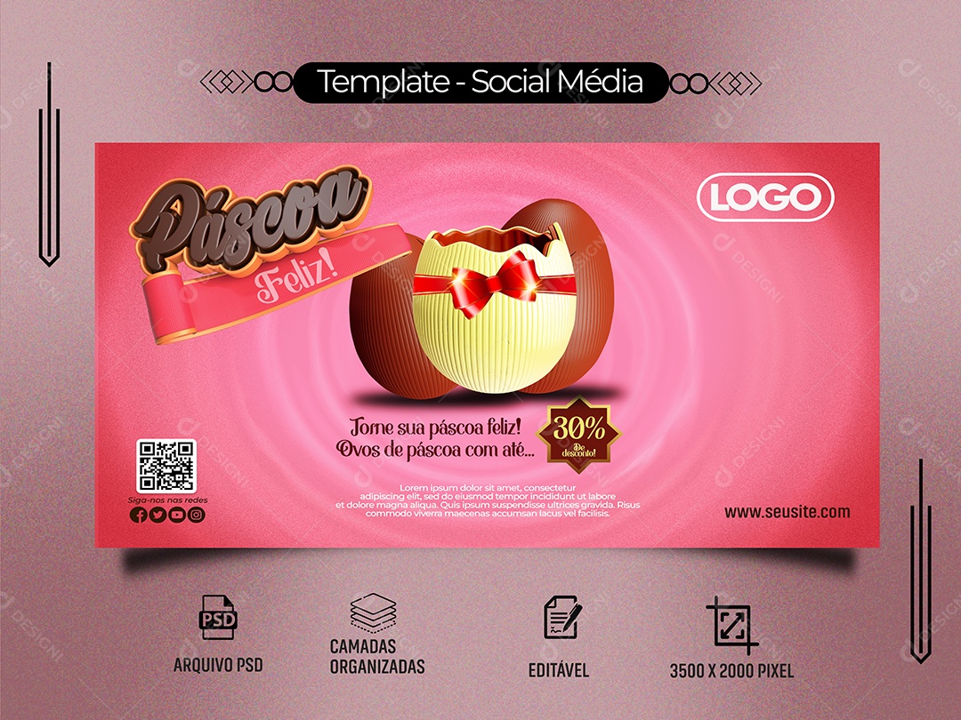 Banner Feliz Páscoa Torne Sua Páscoa Feliz Ovos de Páscoa Com Até 30% de Desconto Social Media PSD Editável