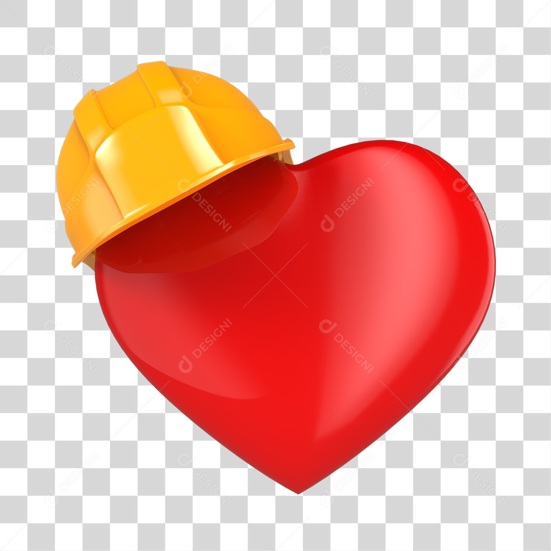 Elemento 3D Coração Vermelho com Capacete Laranja PNG Transparente