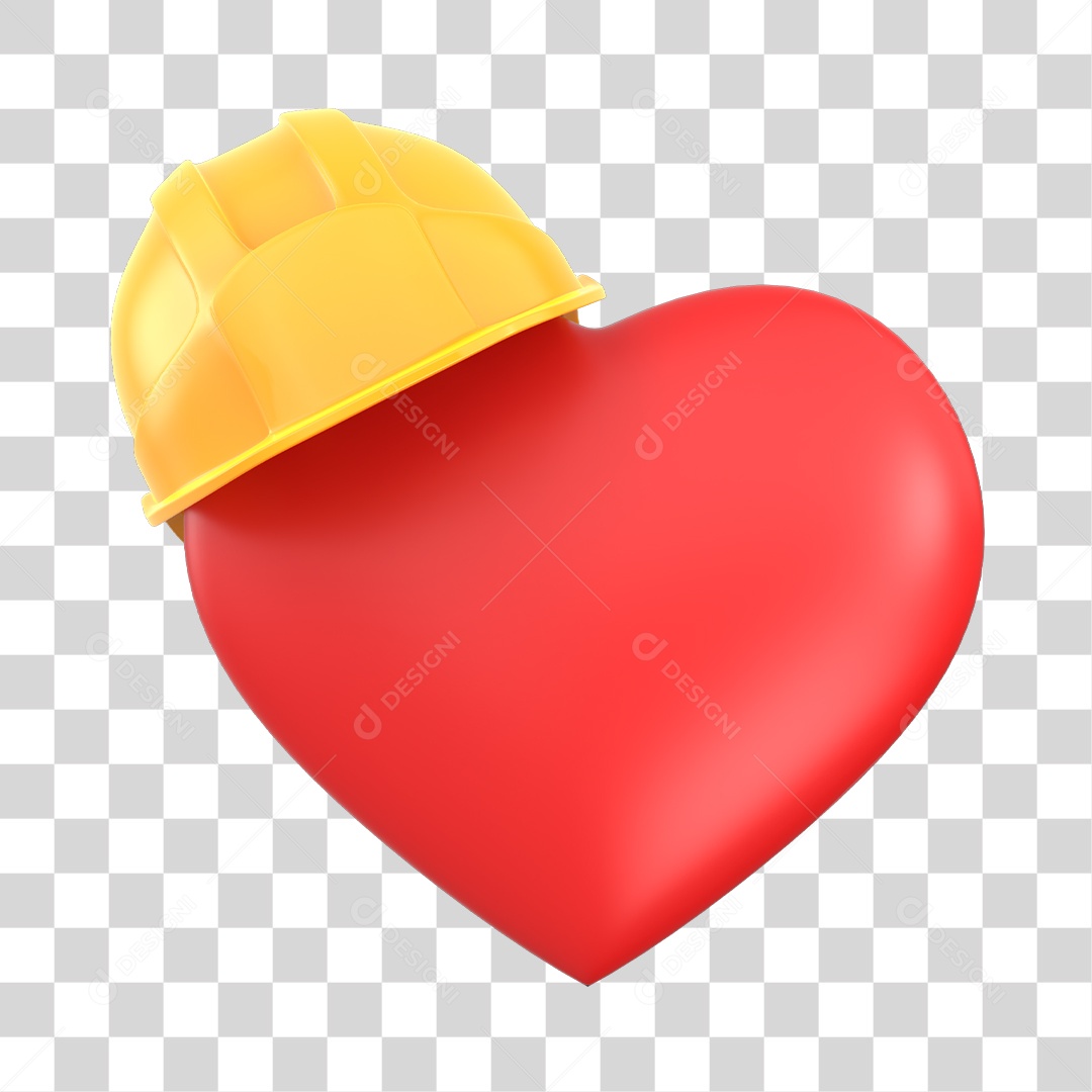 Elemento 3D Coração Vermelho com Capacete Amarelo PNG Transparente