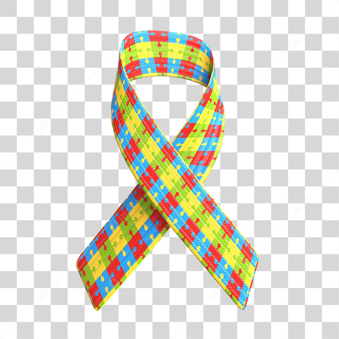 Elemento 3D Laço ou Fita Colorido de Abril Azul Autismo PNG Transparente