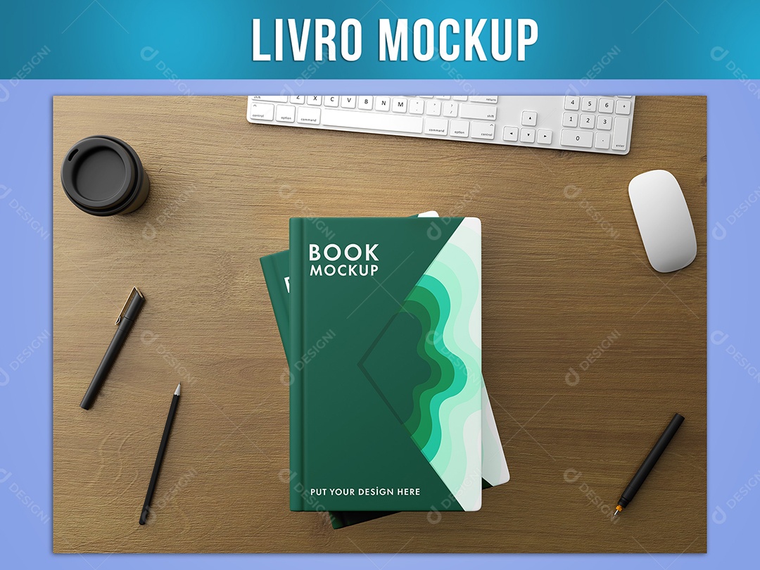 Dois Livros Mockup na Mesa Madeira PSD