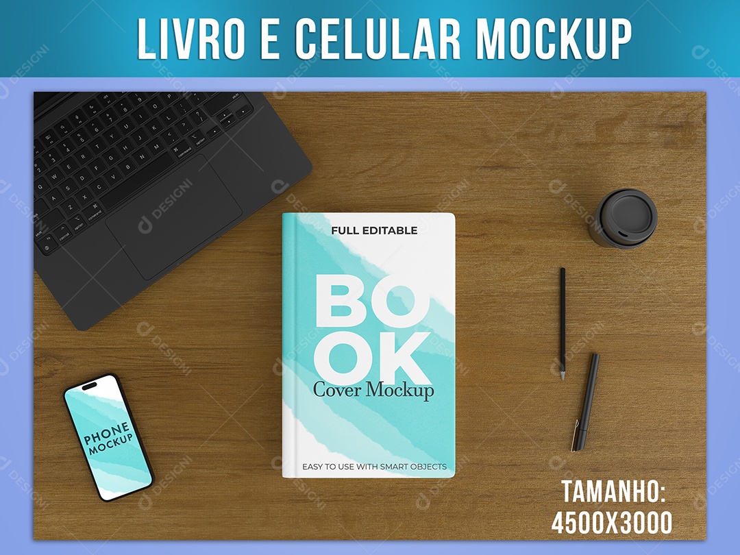 Livro e Celular Mockup na Mesa Madeira PSD