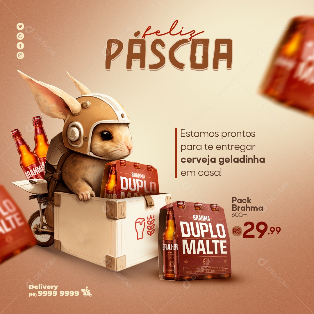 Feliz Páscoa Estamos Prontos Para te Entregar Cerveja Geladinha em Casa Social Media PSD Editável