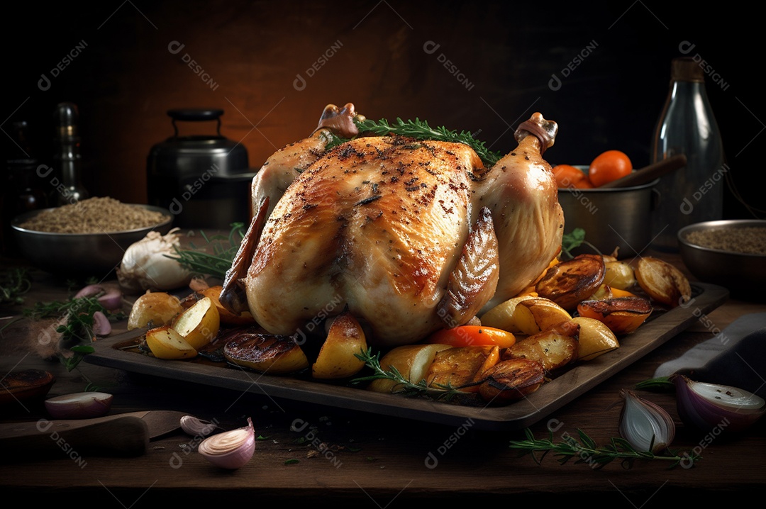 Frango assado suculento com legumes na assadeira sobre mesa de madeira rústica decorada