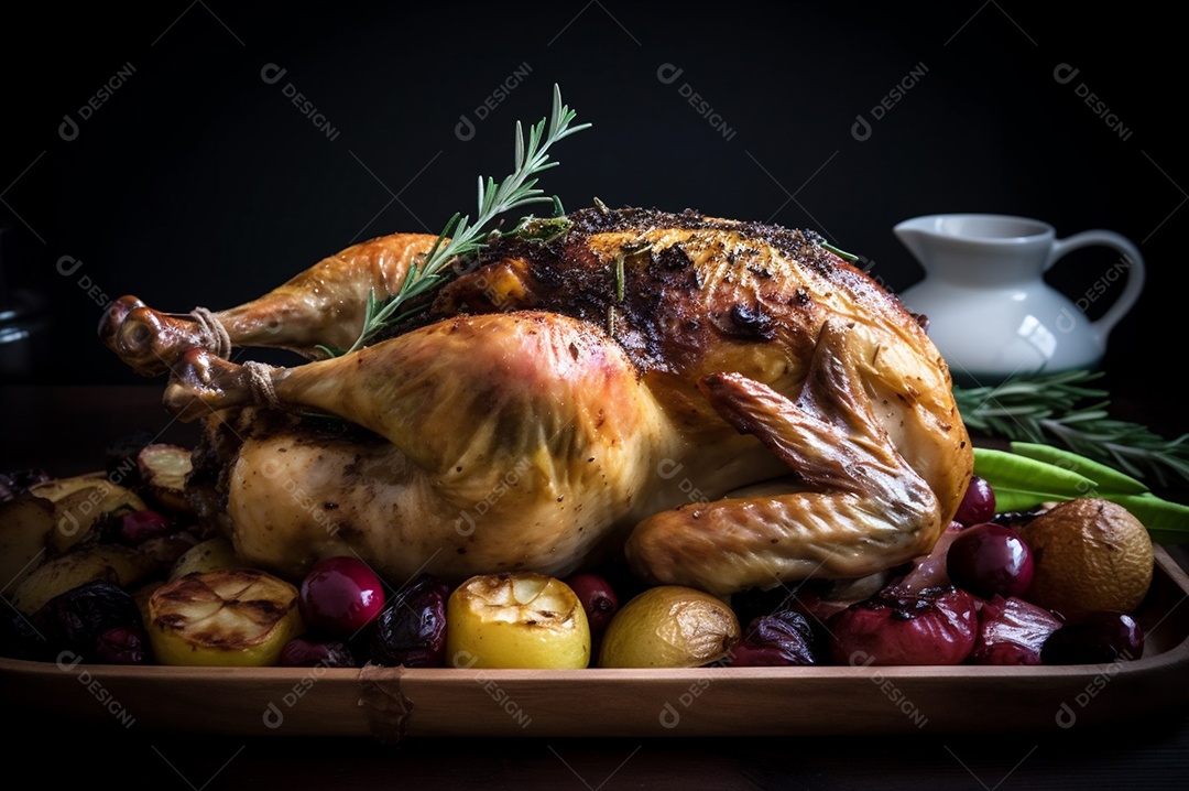 Frango assado suculento com legumes na assadeira sobre mesa de madeira rústica decorada