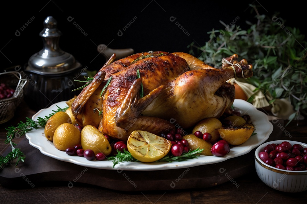 Frango assado suculento com legumes na assadeira sobre mesa de madeira rústica decorada