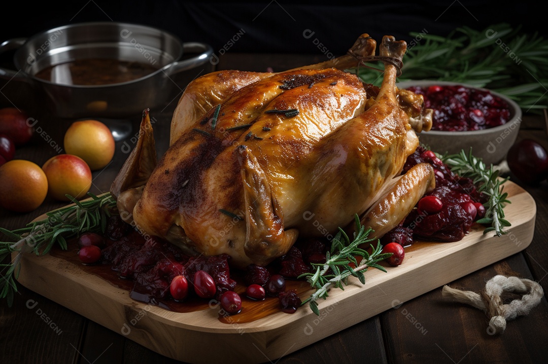 Frango assado suculento com legumes na assadeira sobre mesa de madeira rústica decorada