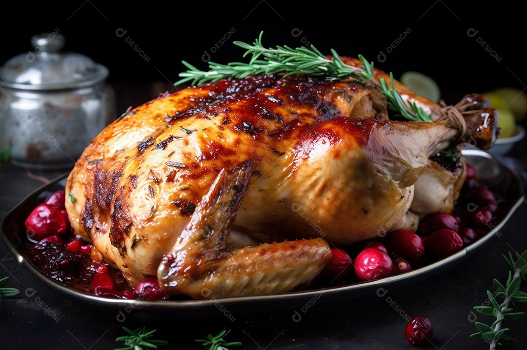 Frango assado suculento com legumes na assadeira sobre mesa de madeira rústica decorada