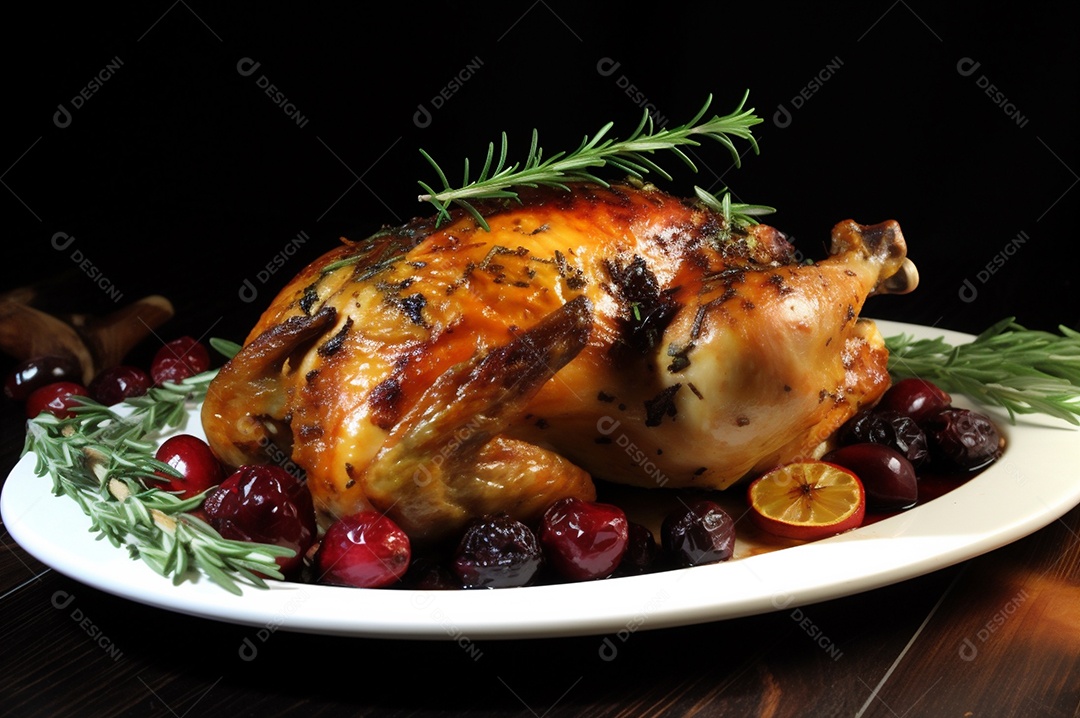 Frango assado suculento com legumes na assadeira sobre mesa de madeira rústica decorada