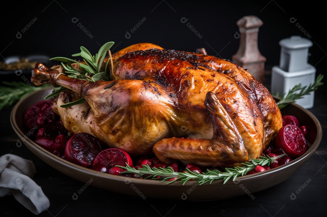 Frango assado suculento com legumes na assadeira sobre mesa de madeira rústica decorada