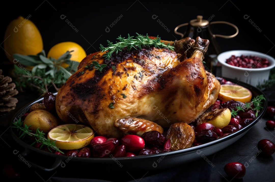Frango assado suculento com legumes na assadeira sobre mesa de madeira rústica decorada