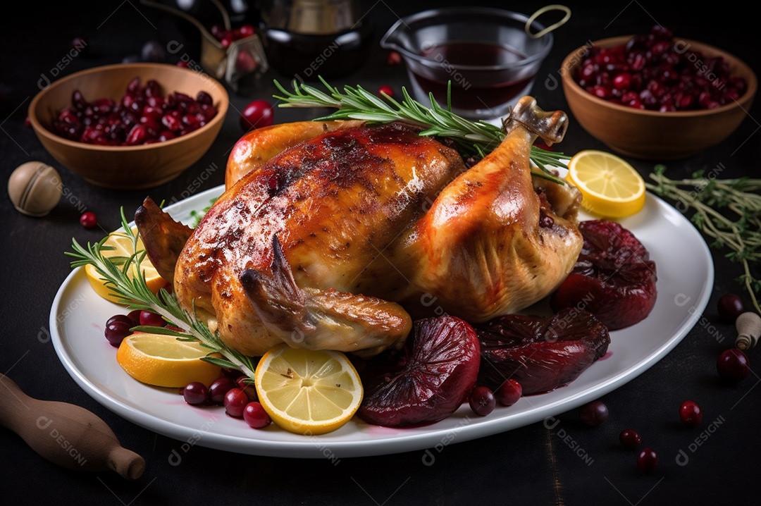 Frango assado suculento com legumes na assadeira sobre mesa de madeira rústica decorada