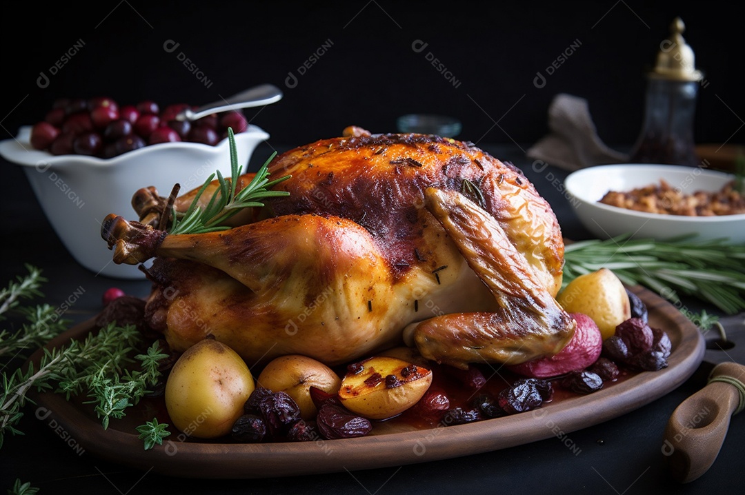 Frango assado suculento com legumes na assadeira sobre mesa de madeira rústica decorada