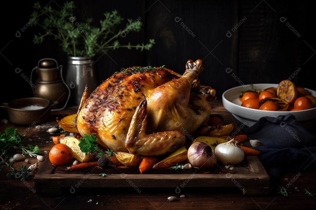 Frango assado suculento com legumes na assadeira sobre mesa de madeira rústica decorada
