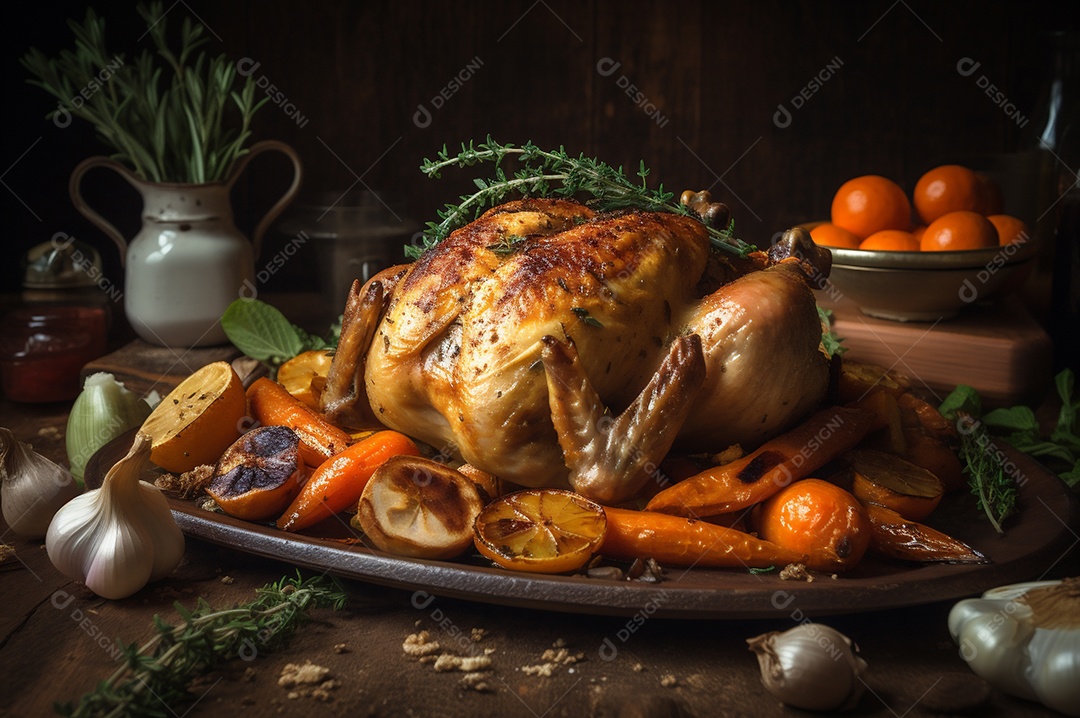 Frango assado suculento com legumes na assadeira sobre mesa de madeira rústica decorada