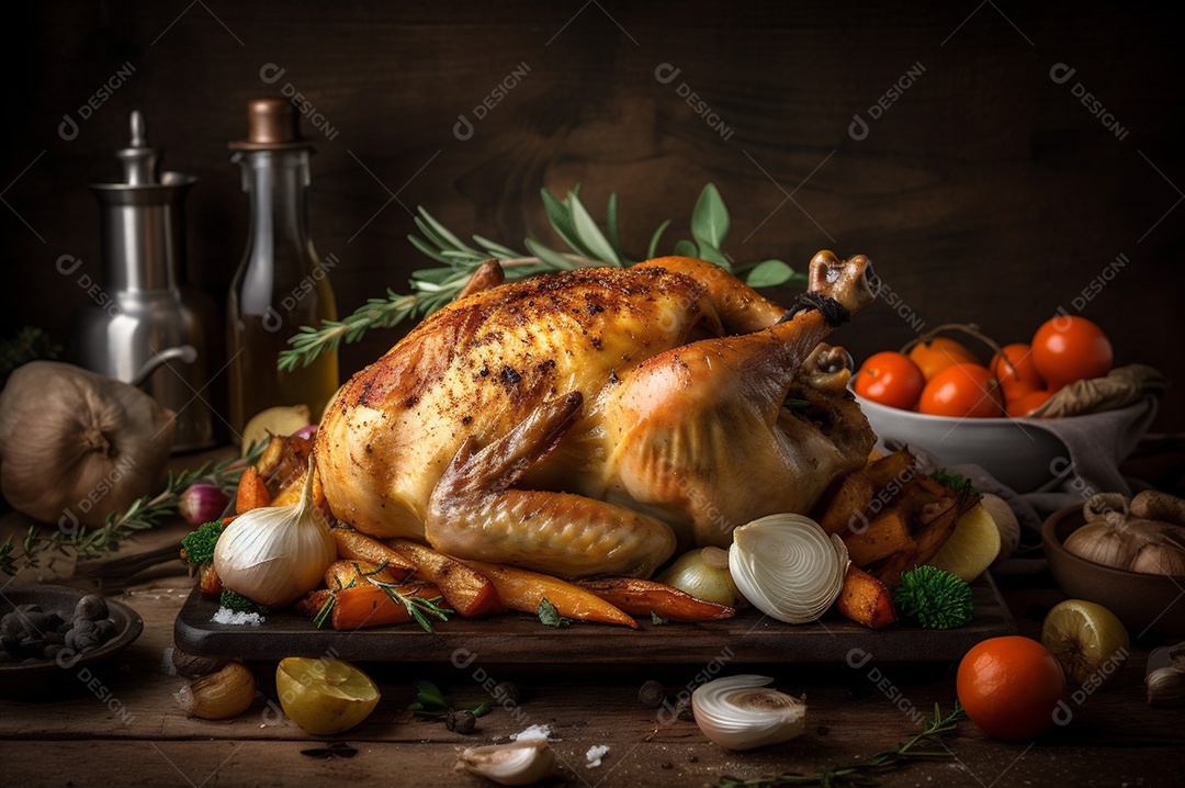 Frango assado suculento com legumes na assadeira sobre mesa de madeira rústica decorada