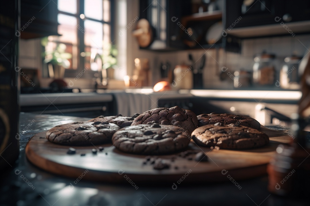Deliciosos biscoitos de chocolates caseiros na mesa de madeira rústica