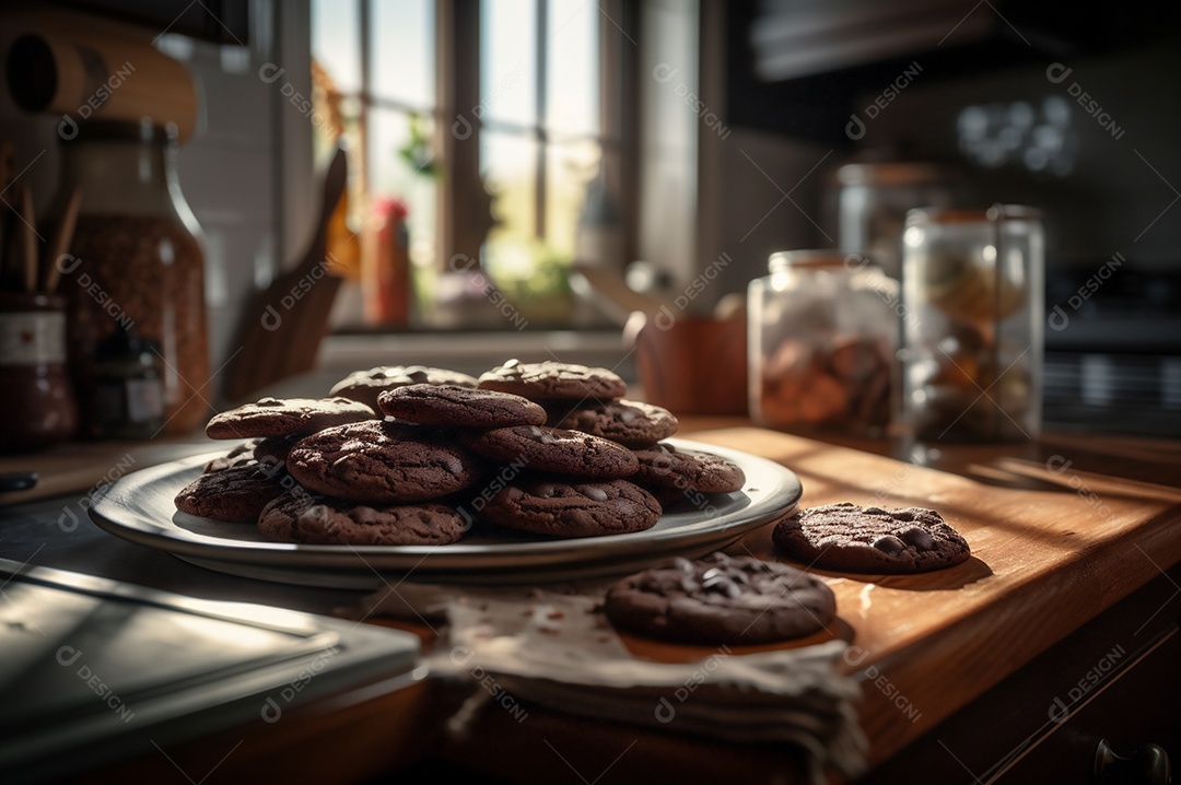 Deliciosos biscoitos de chocolates caseiros na mesa de madeira rústica