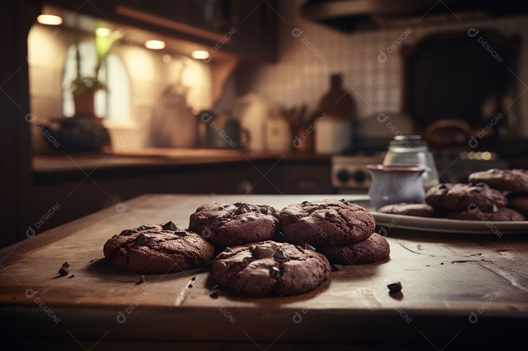 Deliciosos biscoitos de chocolates caseiros na mesa de madeira rústica