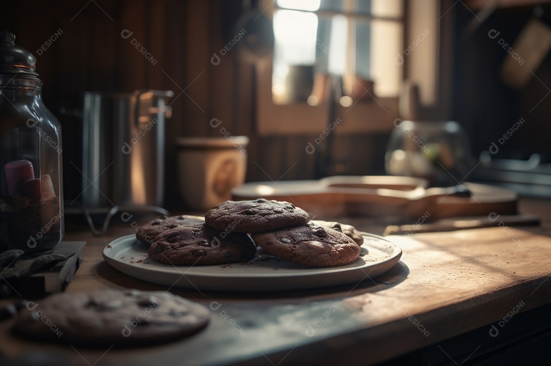 Deliciosos biscoitos de chocolates caseiros na mesa de madeira rústica