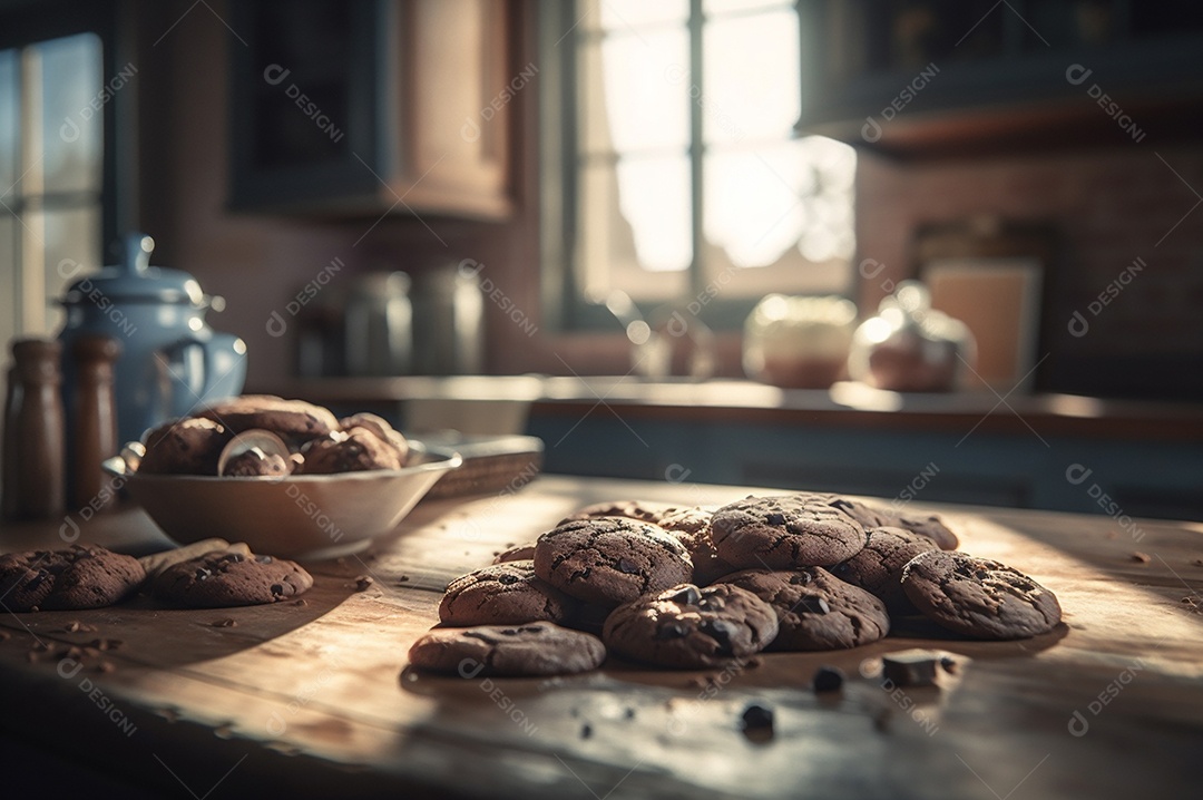 Deliciosos biscoitos de chocolates caseiros na mesa de madeira rústica