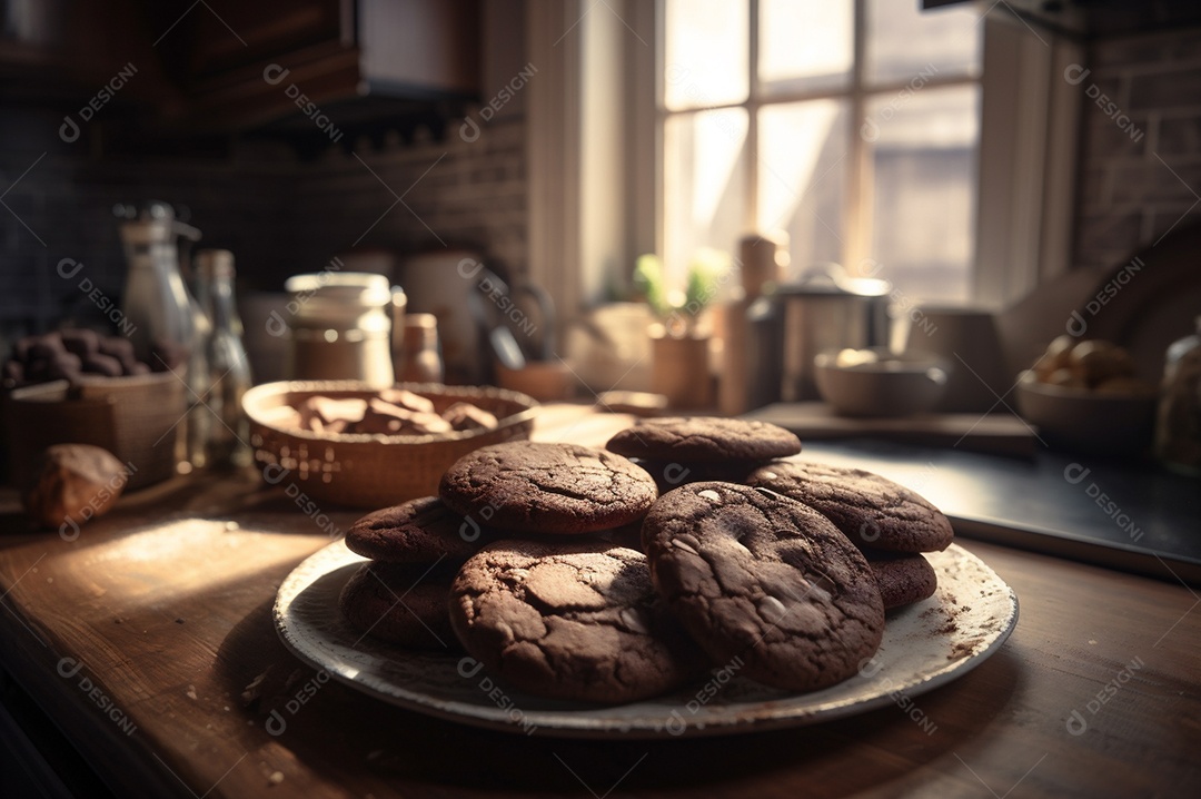 Deliciosos biscoitos de chocolates caseiros na mesa de madeira rústica