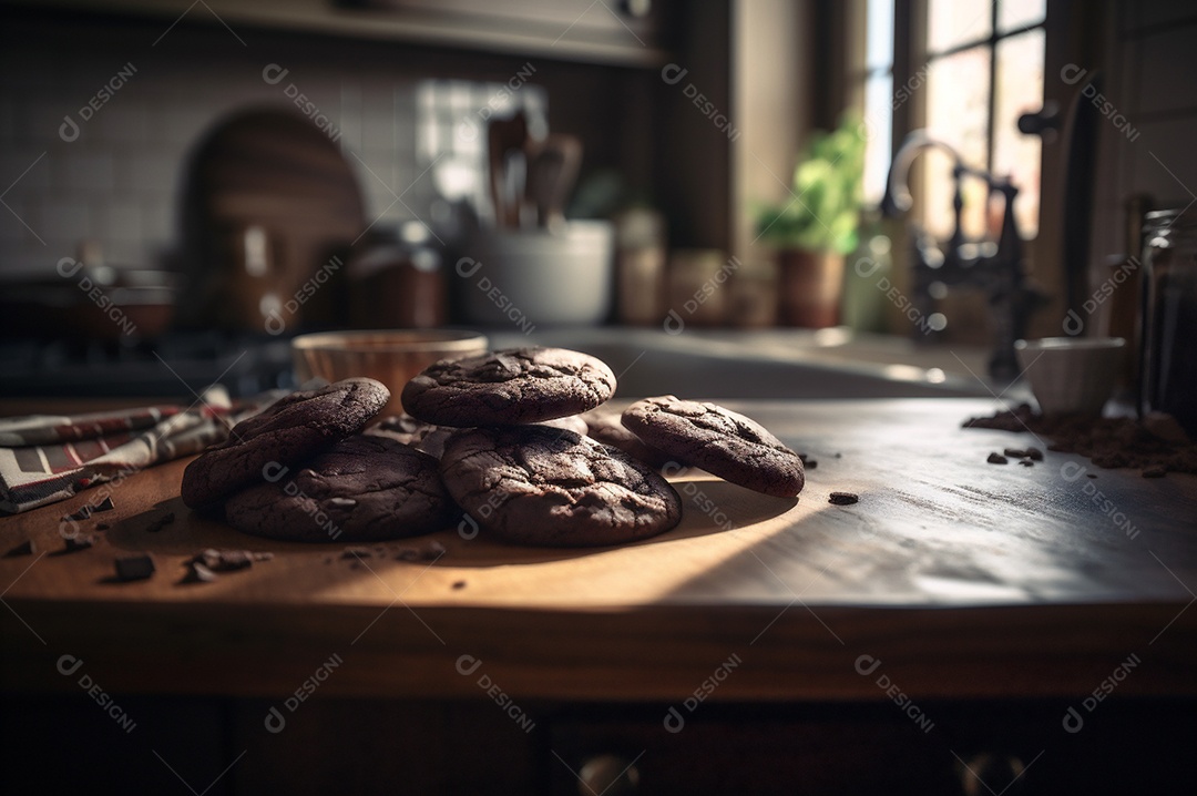 Deliciosos biscoitos de chocolates caseiros na mesa de madeira rústica