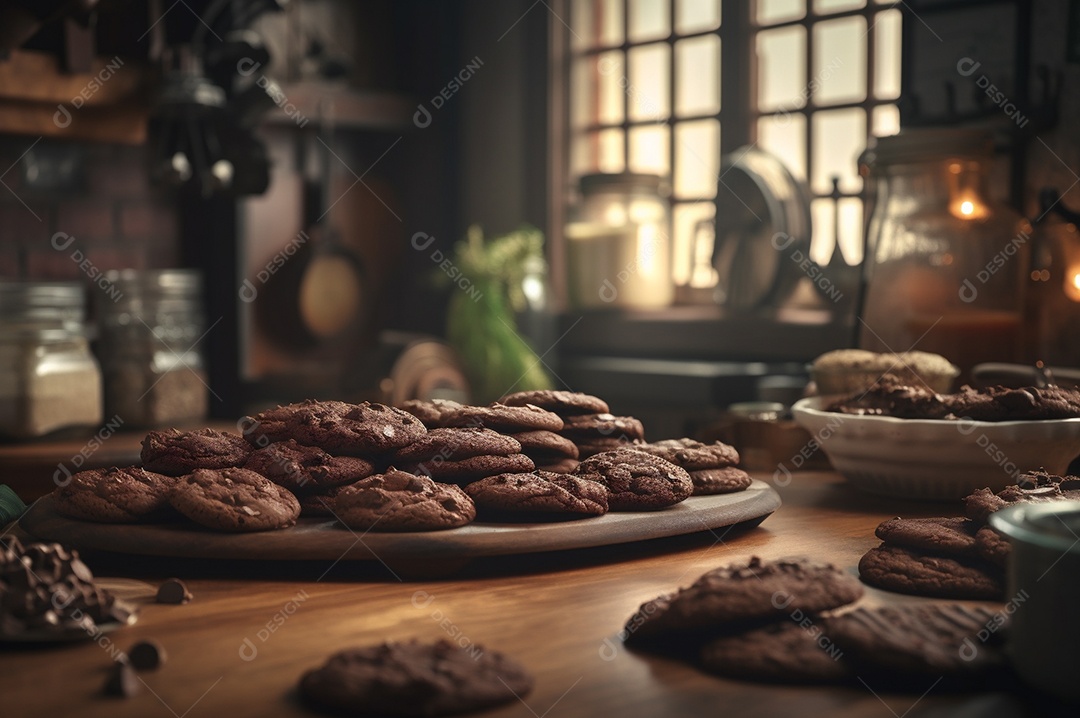 Deliciosos biscoitos de chocolates caseiros na mesa de madeira rústica