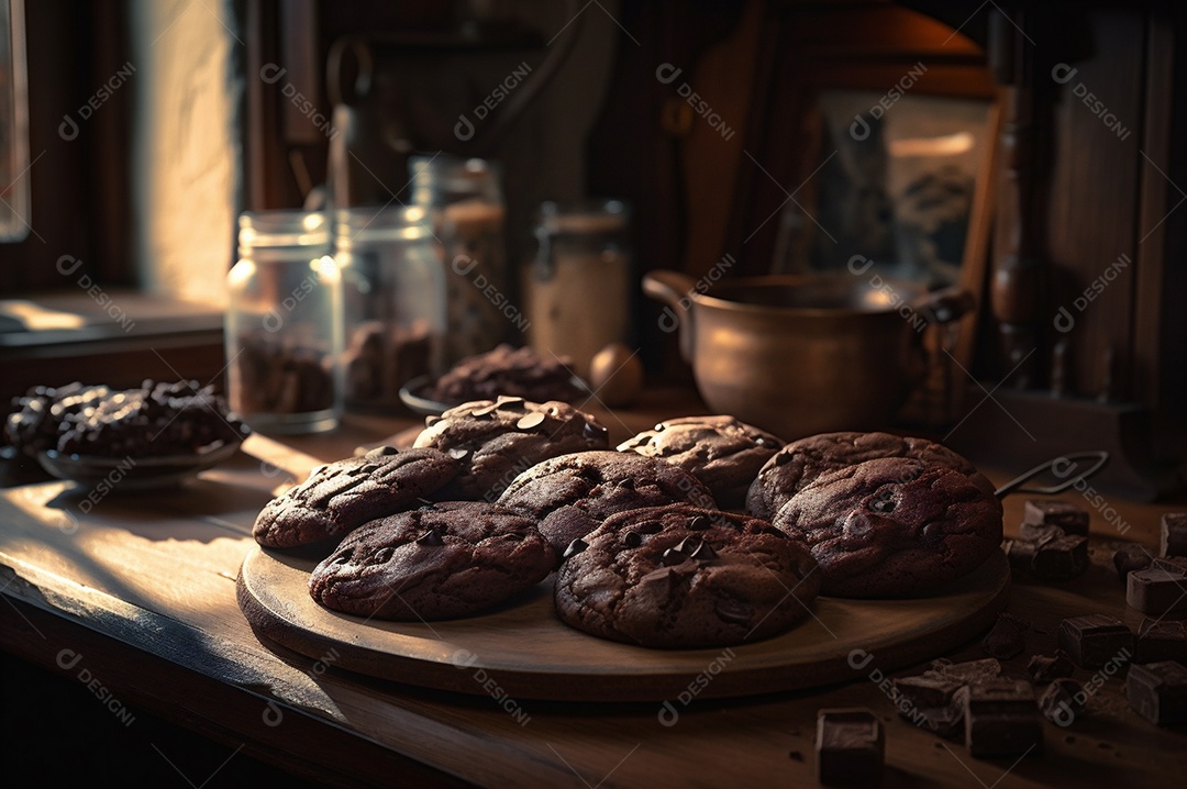 Deliciosos biscoitos de chocolates caseiros na mesa de madeira rústica