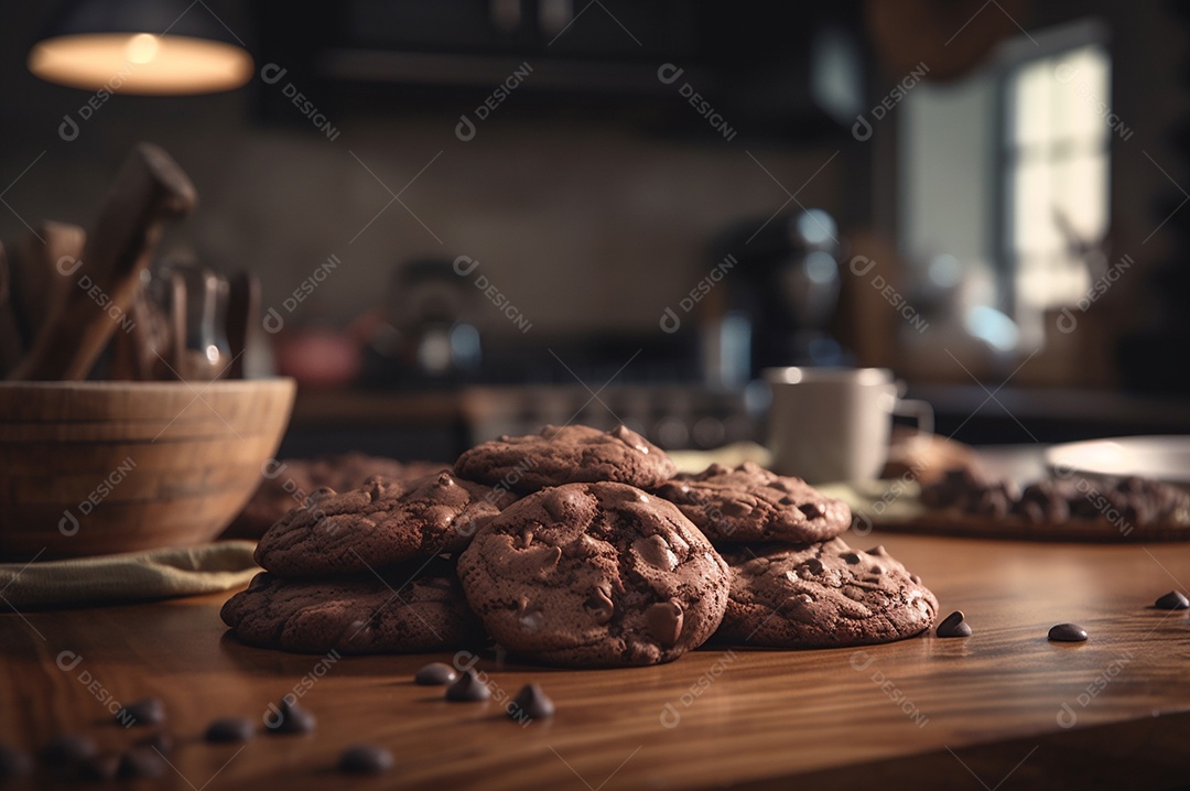 Deliciosos biscoitos de chocolates caseiros na mesa de madeira rústica