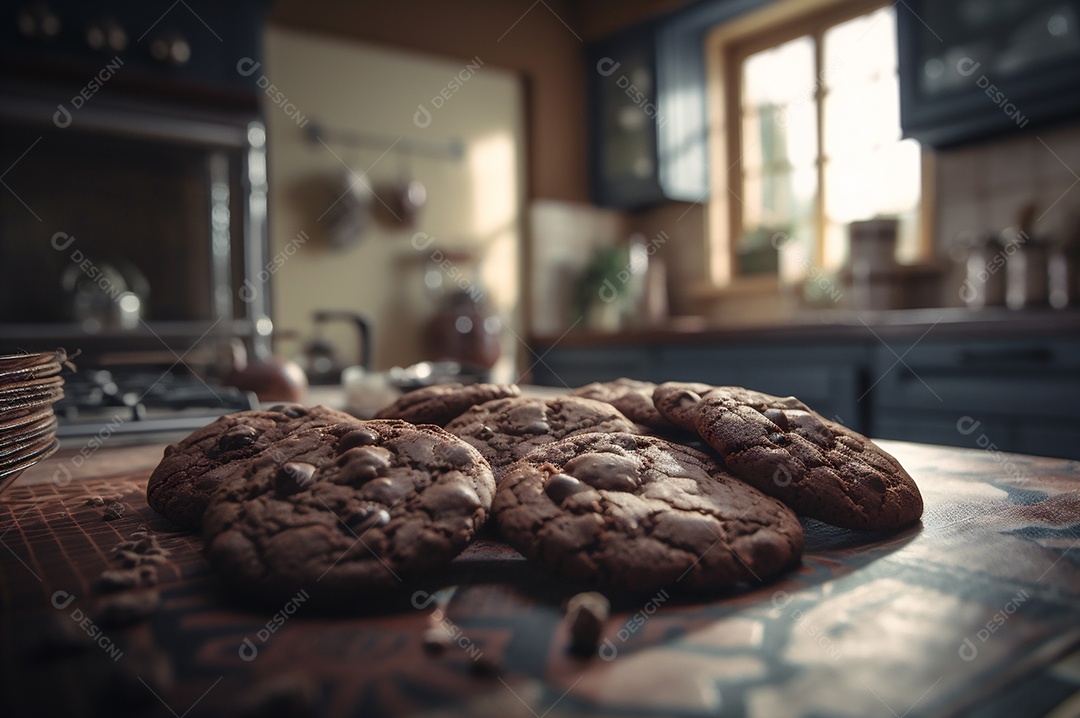 Deliciosos biscoitos de chocolates caseiros na mesa de madeira rústica