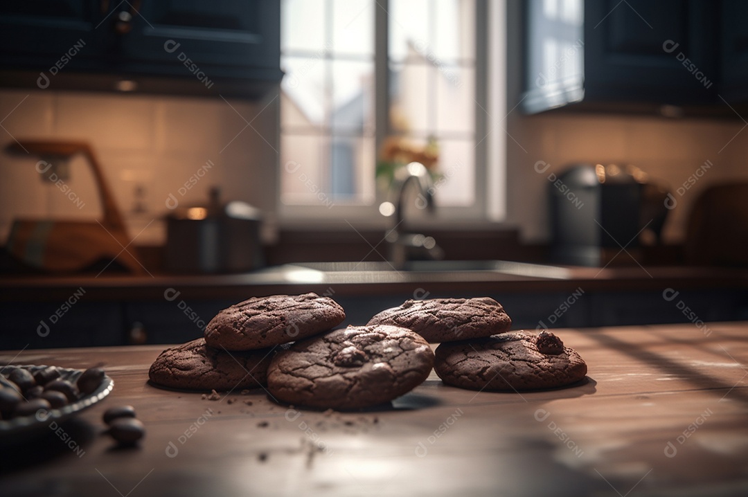Deliciosos biscoitos de chocolates caseiros na mesa de madeira rústica