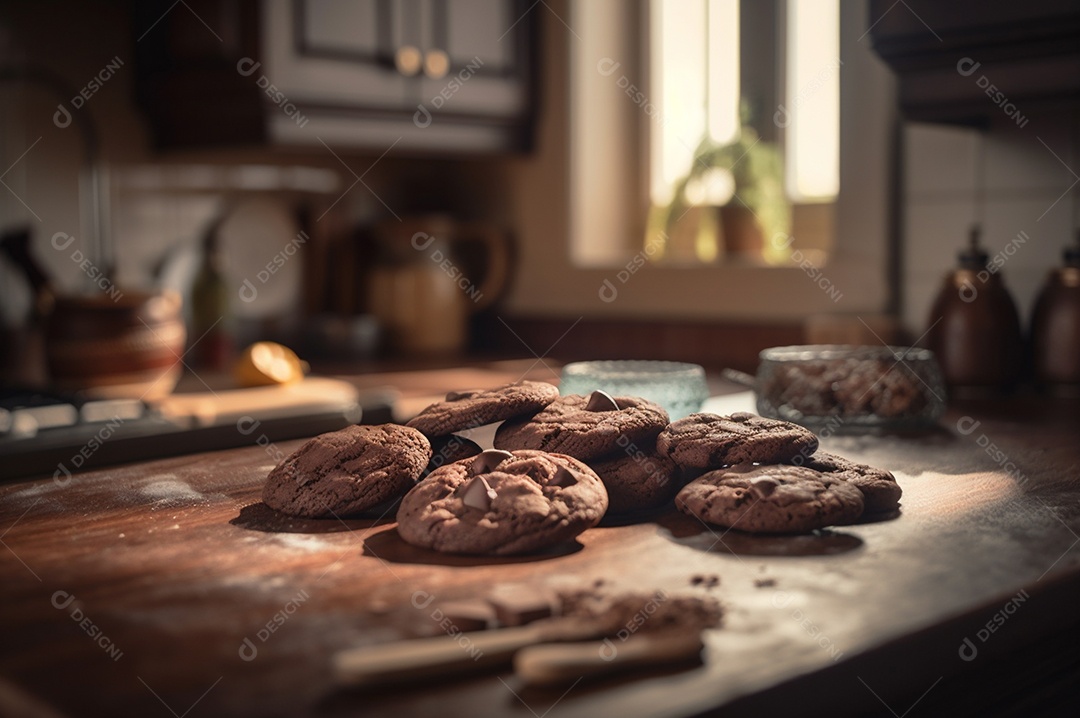 Deliciosos biscoitos de chocolates caseiros na mesa de madeira rústica