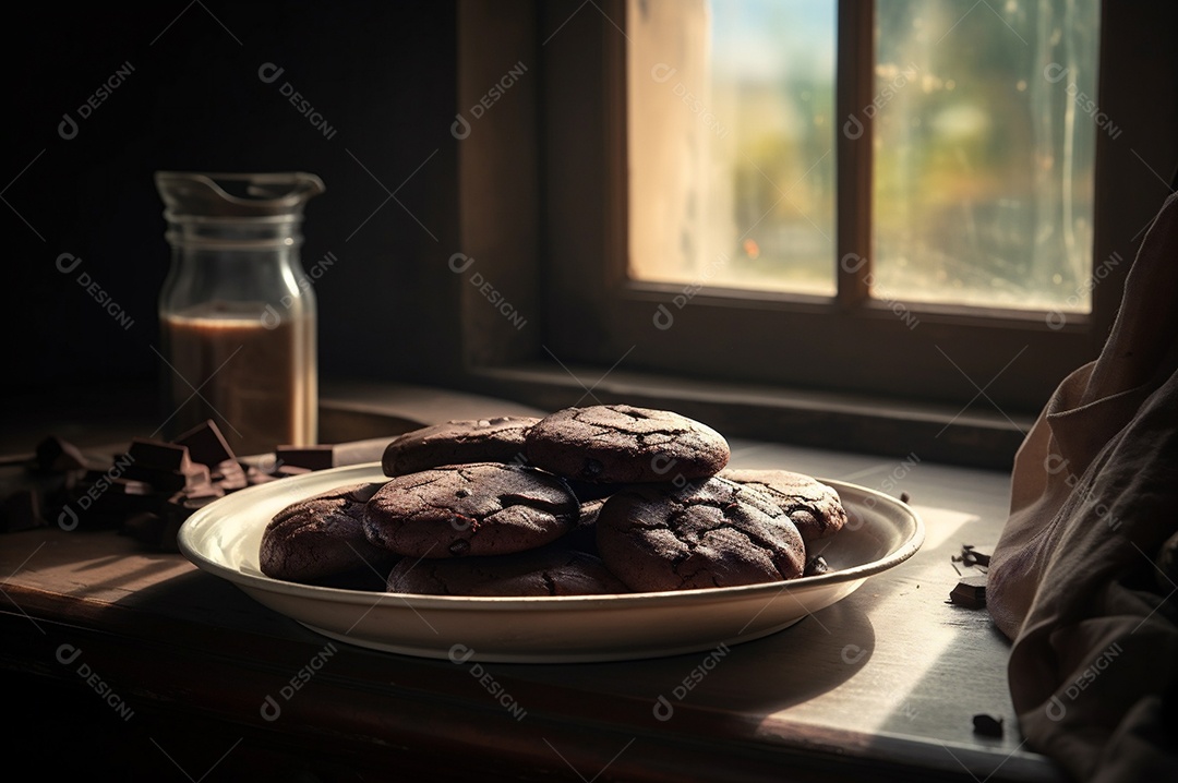 Deliciosos biscoitos de chocolates caseiros na mesa de madeira rústica
