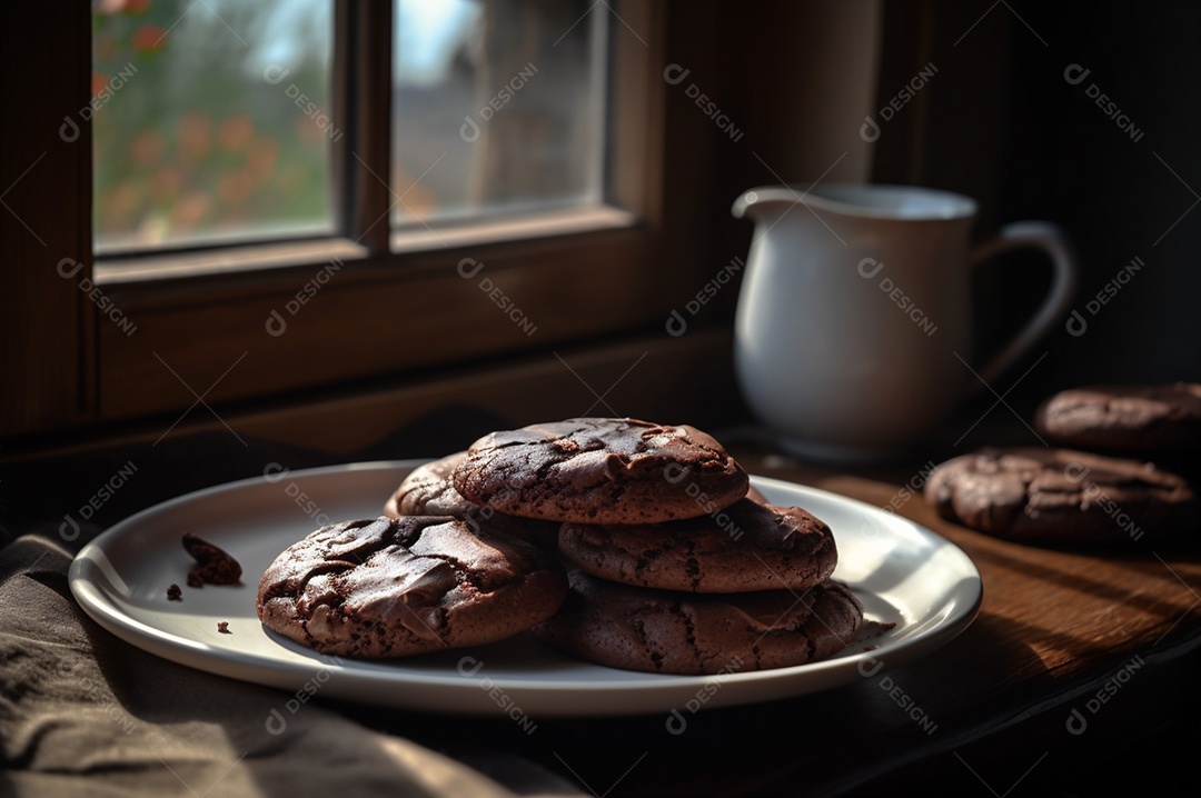 Deliciosos biscoitos de chocolates caseiros na mesa de madeira rústica