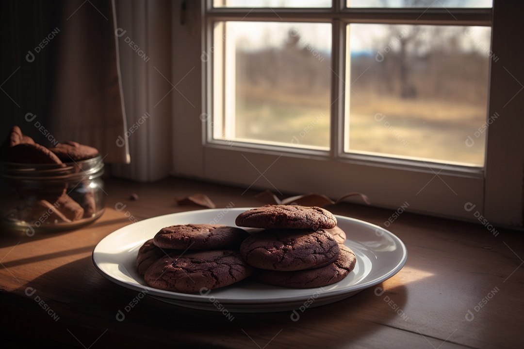 Deliciosos biscoitos de chocolates caseiros na mesa de madeira rústica