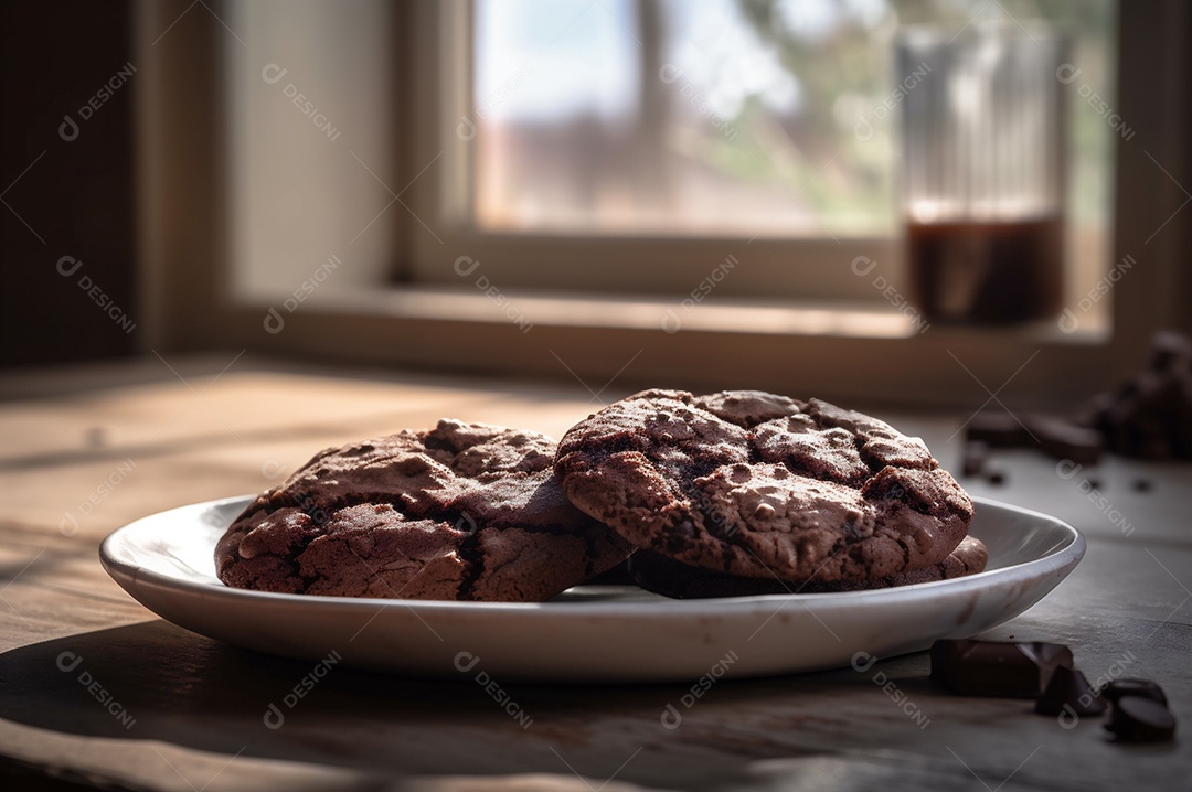Deliciosos biscoitos de chocolates caseiros na mesa de madeira rústica